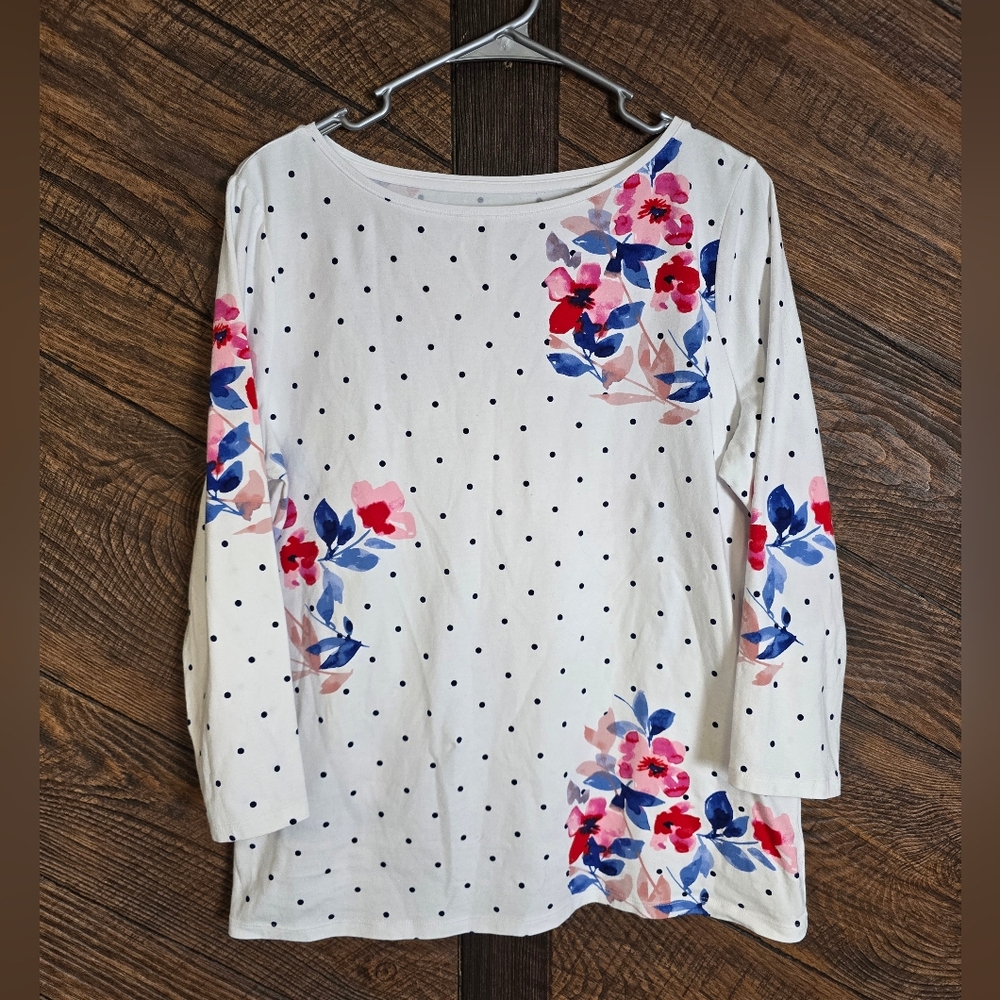 Talbots Cream Floral and Polka Dot Long Sleeve Tee Large